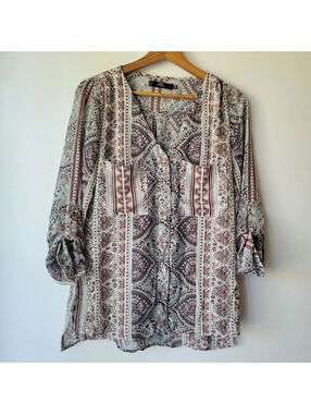 BKE Boutique x The Buckle Boho Sheer Blouse Small Womens Gray Maroon